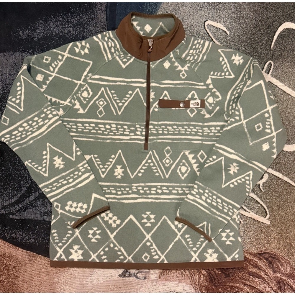 The North Face Pullover Mens Medium Green White Fleece Quarter Zip Aztec Pattern